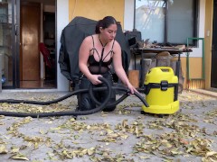 crushing and vacuuming leaves