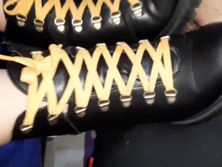 Mistress does Bootjob cock crush_& balls kicking & cock_stomp until the slave cum in her boots.