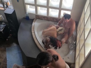 3 wet and soapy whores_each gets a turn to get fucked in STANDING DOGGYSTYLE by 1 cock mixedrace