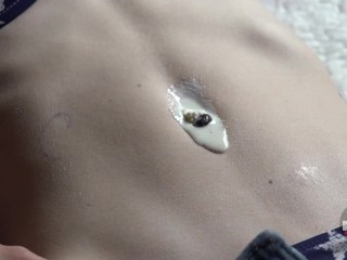 Creamy Belly Button Leads toCumshot on Ass