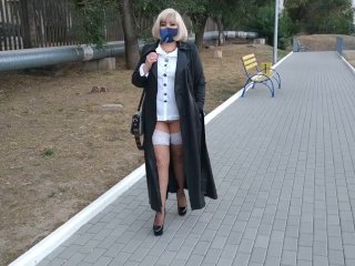 Slut Walking in_the Park in a Raincoat and Black Fishnet Stockings with a WhiteElastic Band