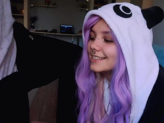 Cute girl with purple hair is delighted with_my penis