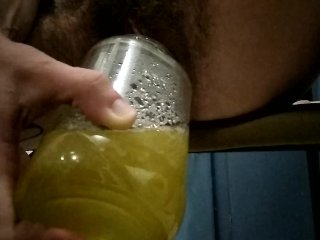 Hairy Babe Pisses In Jar For Daddy To Drink