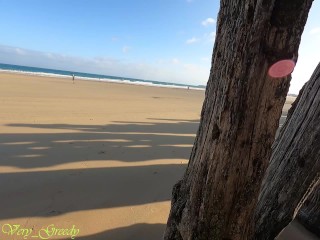 On the public beach with my stepmom, I finger her pierced_pussy & she empties my balls in_her pantie