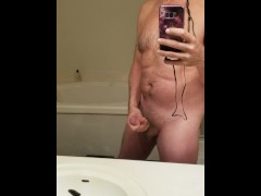 Stroking cock in mirror while watching pussy