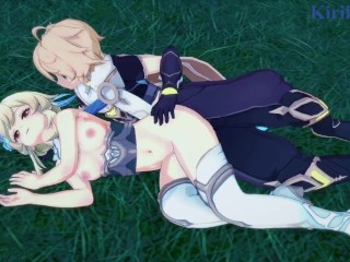 Lumine and Aether have intense sex in the meadow atnight. - Genshin Impact_Hentai