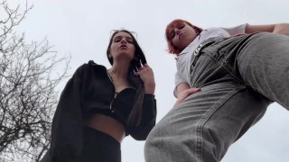 Femdom Outdoor POV Double Femdom Bully Girls Spit On You And Order You To Lick Their Dirty Sneakers