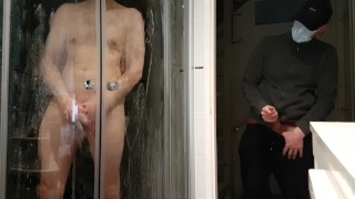 Bi Curious Straight Roommate Caught Secretly Jerking Off On Stud Masturbating In The Shower While Wearing Fake Titts