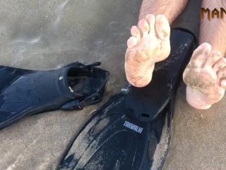 Cum Fins & Flippers - Public Nudist Beach - Cum Feet Socks Series - Manlyfoot 💦 🦶 - Episode 3