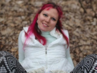 Fast blowjob and footjob in the spring forest with pinkhairgirl