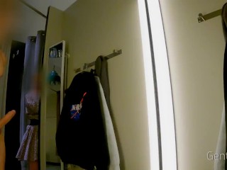 DRESSING ROOM ADVENTURE: I show my naked body for_a sexy lady...she can't_resist and makes me cum