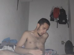 Guy with fetish in gain belly masturbating and eating much( while rain drops