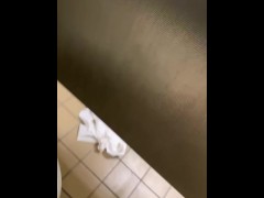 RT running to crowded public rest stop restroom and holding the door open interacting with people 