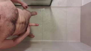 Uncut hot bushy otter guy playing in shower and jerking POV from above