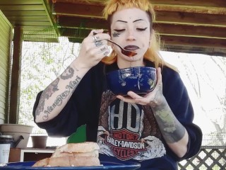 Petite tattooed girl gets stuffed outside