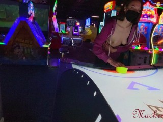 Sexy Wife Plays_Air Hockey with Tits Out and Bouncing