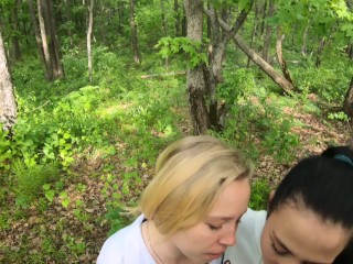Two Girlfriends Suck Cock in the Woods - Threesome_Outdoor Blowjob - PublicPOV