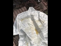 Peeing on a white satin blouse and cumming