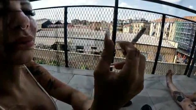 Lady Muffin and I smoking a cigarette naked on the balcony. FETISH