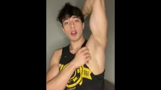 Fitness boy, smelling her armpits