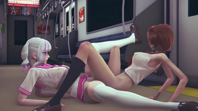 Schoolgirls tribbing in a night subway car