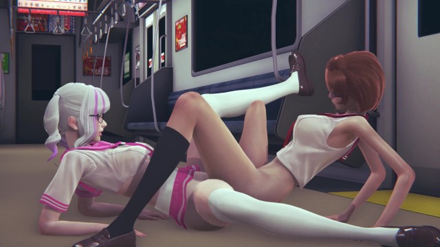 Schoolgirls tribbing in a night subway car
