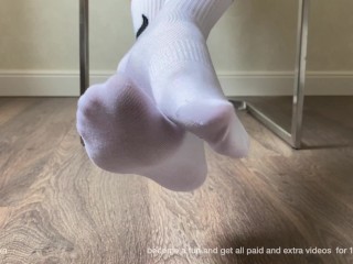Sweet feet in_white socks. I caress my feet with socks, long toes, asmr