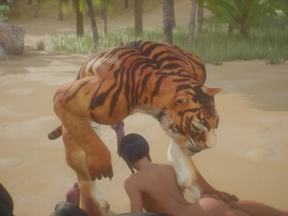 Tiger andPanther mouth fucks girl