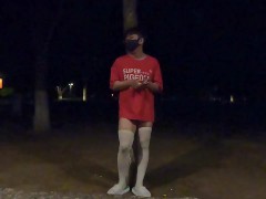 Boys in white stockings masturbate and ejaculate in the park