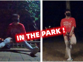 Boys In White Stockings Masturbate And Ejaculate In The Park, Many Passersby Are Watching