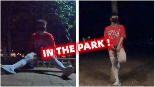Boys in white stockings masturbate and ejaculate in the park, many passersby are watching