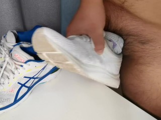 Cum on girlfriend’s white Asics shoes。