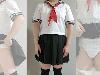 Crossdresser Wearing Sailor Fuku (Japanese Uniform) And A Pull-Up Nappy, Then Jerking Off 偽娘 女子セーラー服