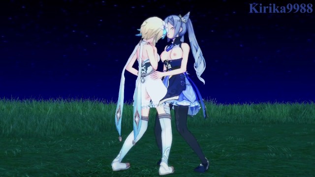Lumine and Keqing engage in intense lesbian play in a meadow at night. - Genshin Impact Hentai
