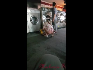 Naughty Wife Flashes and Fucks in Laundromat in_Front of Employee