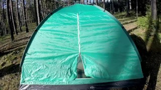 He put dick in the tent, and stranger girl jerk off him and take big cum fountain, glory hole