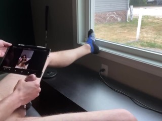 Watching baby play with her pussy for daddy in front of an open_window CAUGHT HUGE_cumshot