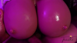 Huge Boobs Huge OILED TITS Cum Moans Sex Doll Best Titfuck In His White T-Shirt