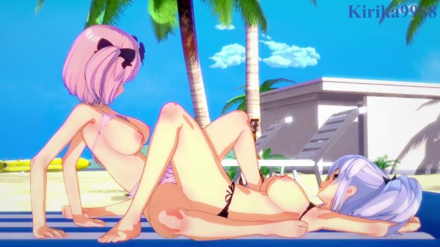 Yagyū and Hibari engage in intense lesbian play on the beach. - Senran Kagura Hentai