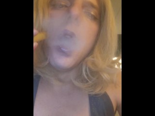 transgirl in hot lipstick blows massive clouds