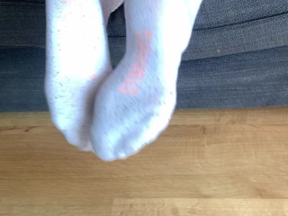Sexy girl shows her pretty white sport_socks afterwalk