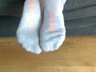 Sexy girl shows her pretty white sport socks after_walk
