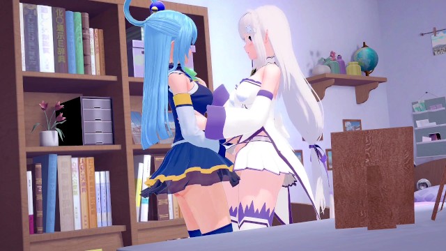 Emilia and Aqua are engaged in gentle lesbian sex, licking each other - Konosuba 
