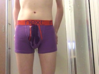 College Twink Pisses Purple Boxer Briefs and Gets Hard