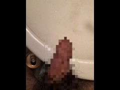 Hairy Japanese men pees foreskin with erect penis.