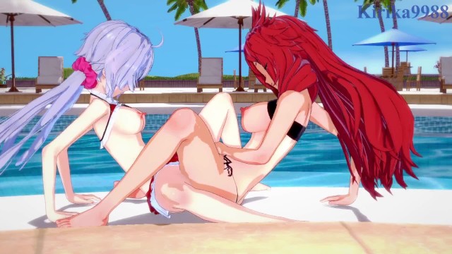 Kanade Amō and Chris Yukine engage in intense lesbian play in the pool. - Symphogear Hentai