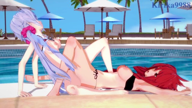 Kanade Amō and Chris Yukine engage in intense lesbian play in the pool. - Symphogear Hentai