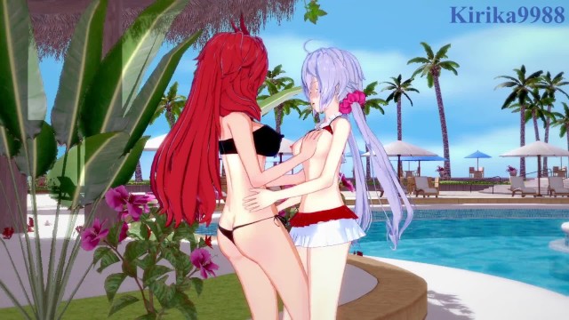 Kanade Amō and Chris Yukine engage in intense lesbian play in the pool. - Symphogear Hentai