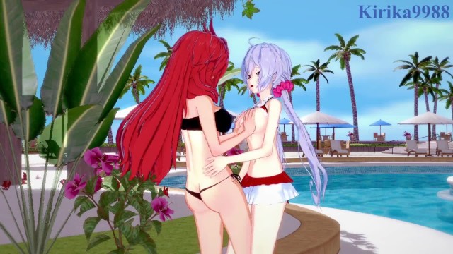 Kanade Amō and Chris Yukine engage in intense lesbian play in the pool. - Symphogear Hentai