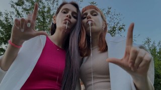 Femdom POV Spitting Femdom Of Two Mistresses Saliva In Your Slave Mouth